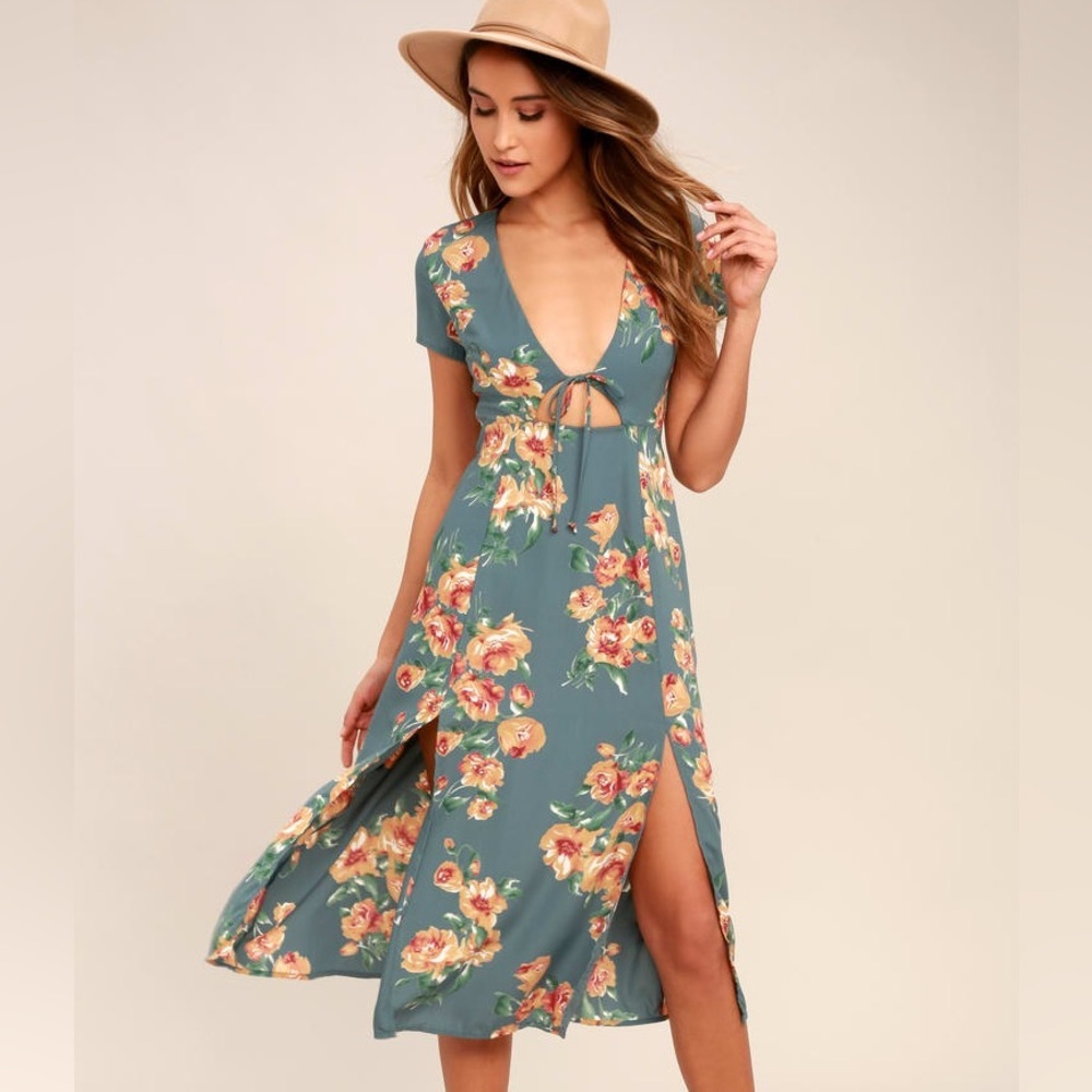 Lulu's Teal Floral Midi Dress with Peach Blossoms